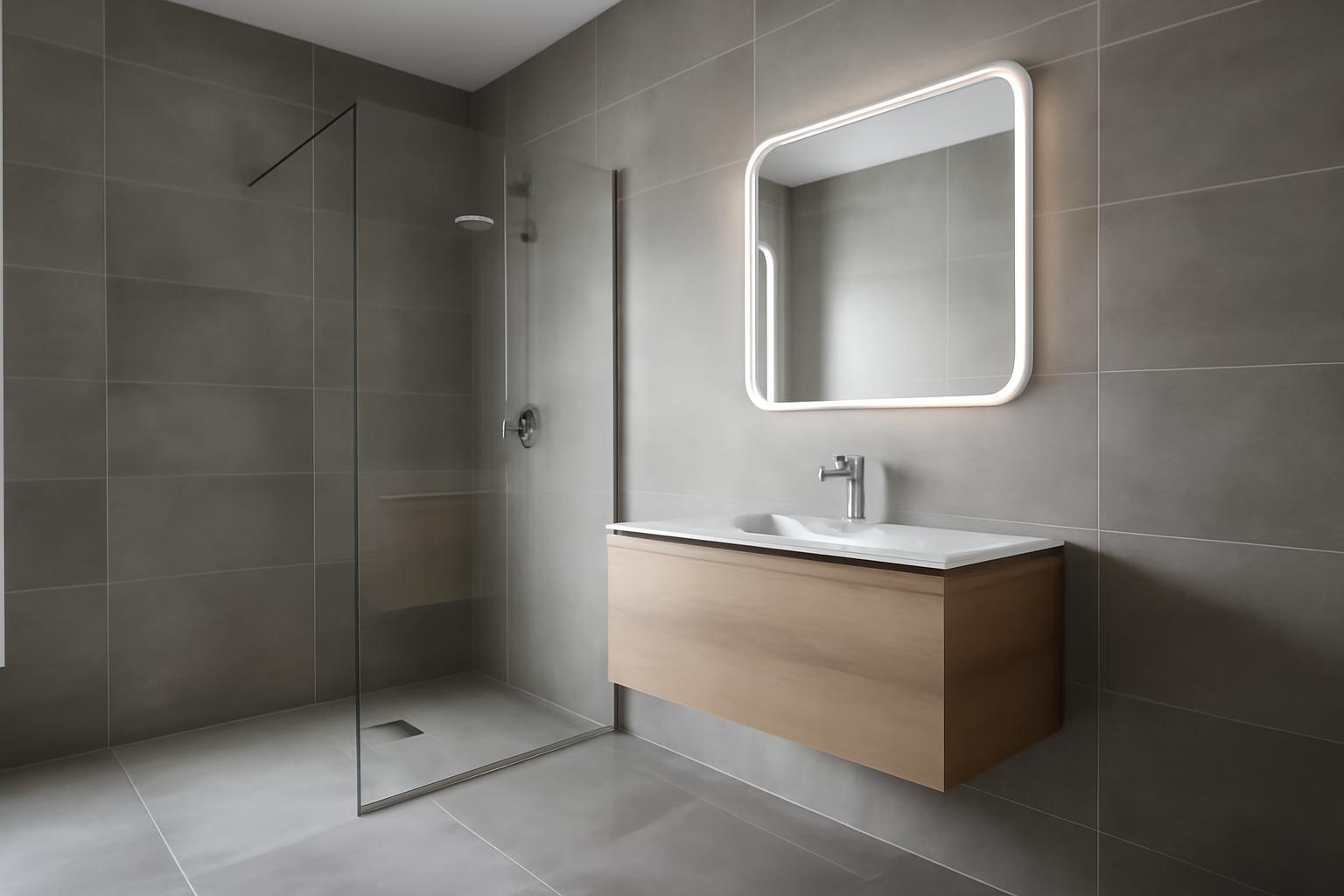 Baño reformado con porcelánico gris de gran formato, ducha de obra con mampara de vidrio, mueble suspendido y espejo retroiluminado