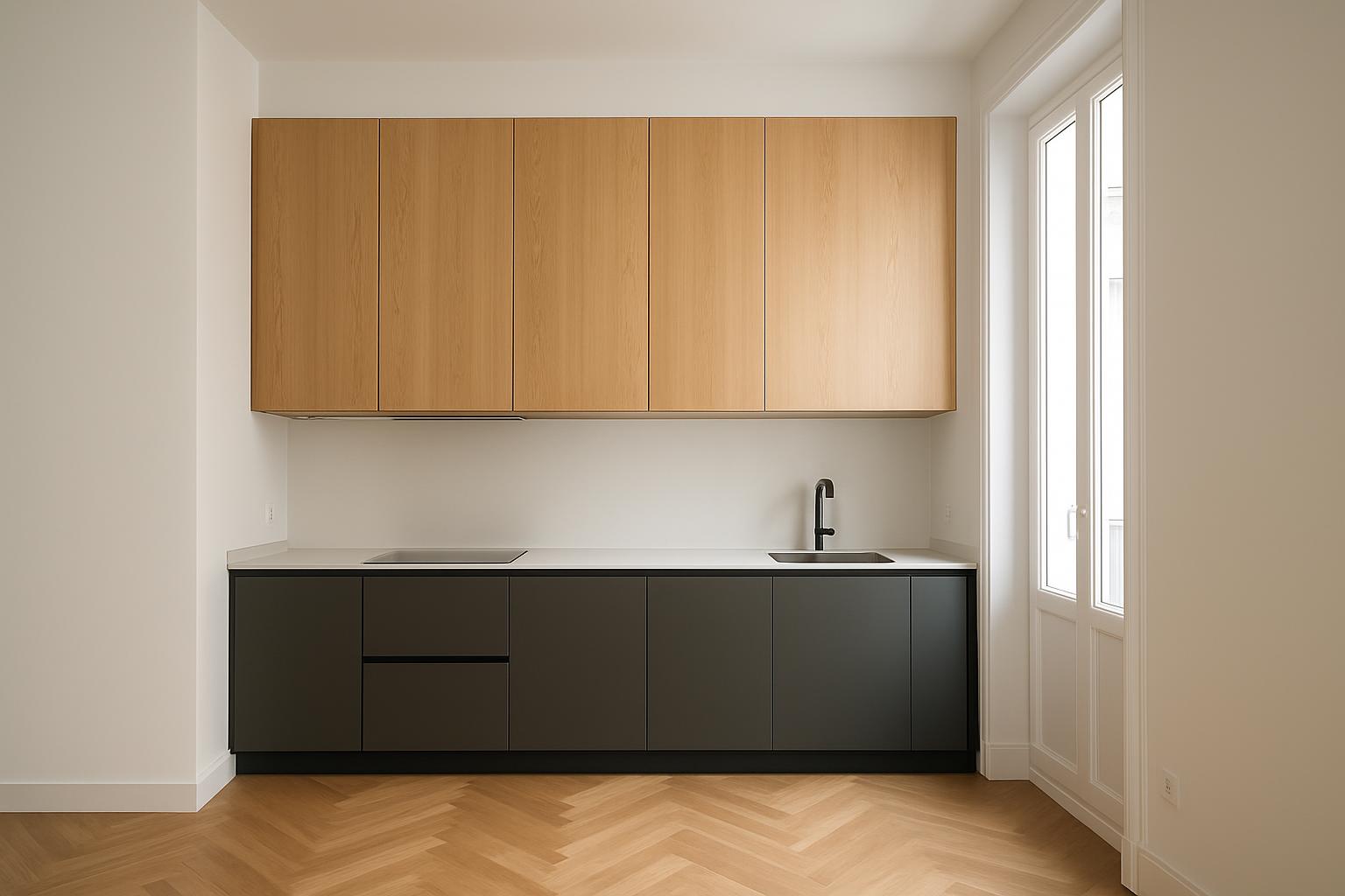 Cocina reformada en un piso de Madrid con frentes en roble y antracita, encimera de cuarzo blanco y suelo de roble en espiga